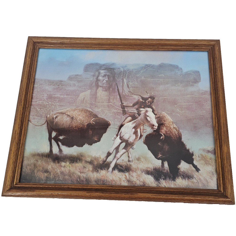 Vintage Troy Denton Art Print Native American Hunt Handmade Folk Art Frame Decor